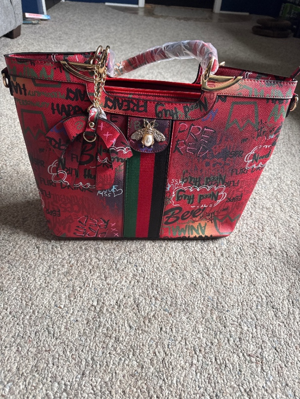 Red Graffiti Print Tote Satchel Handbag NWT